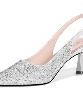 Women's Silver Kitten Heel Slingback Low Heel Dress Shoes Rhinestone Pointed Toe